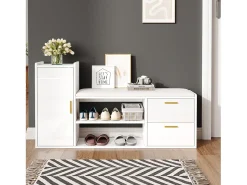 Móvel De Arrumação|Sapateira*ModernLuxe Móvel para sapatos 128x30x68 cm - com 2 gavetas e 1 porta - com banco para calçado - Acabamento brilhante - Branco