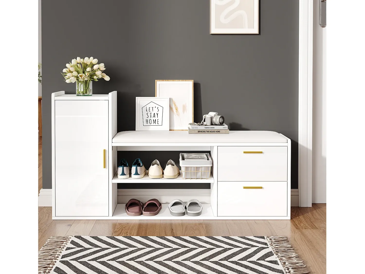 Móvel De Arrumação|Sapateira*ModernLuxe Móvel para sapatos 128x30x68 cm - com 2 gavetas e 1 porta - com banco para calçado - Acabamento brilhante - Branco