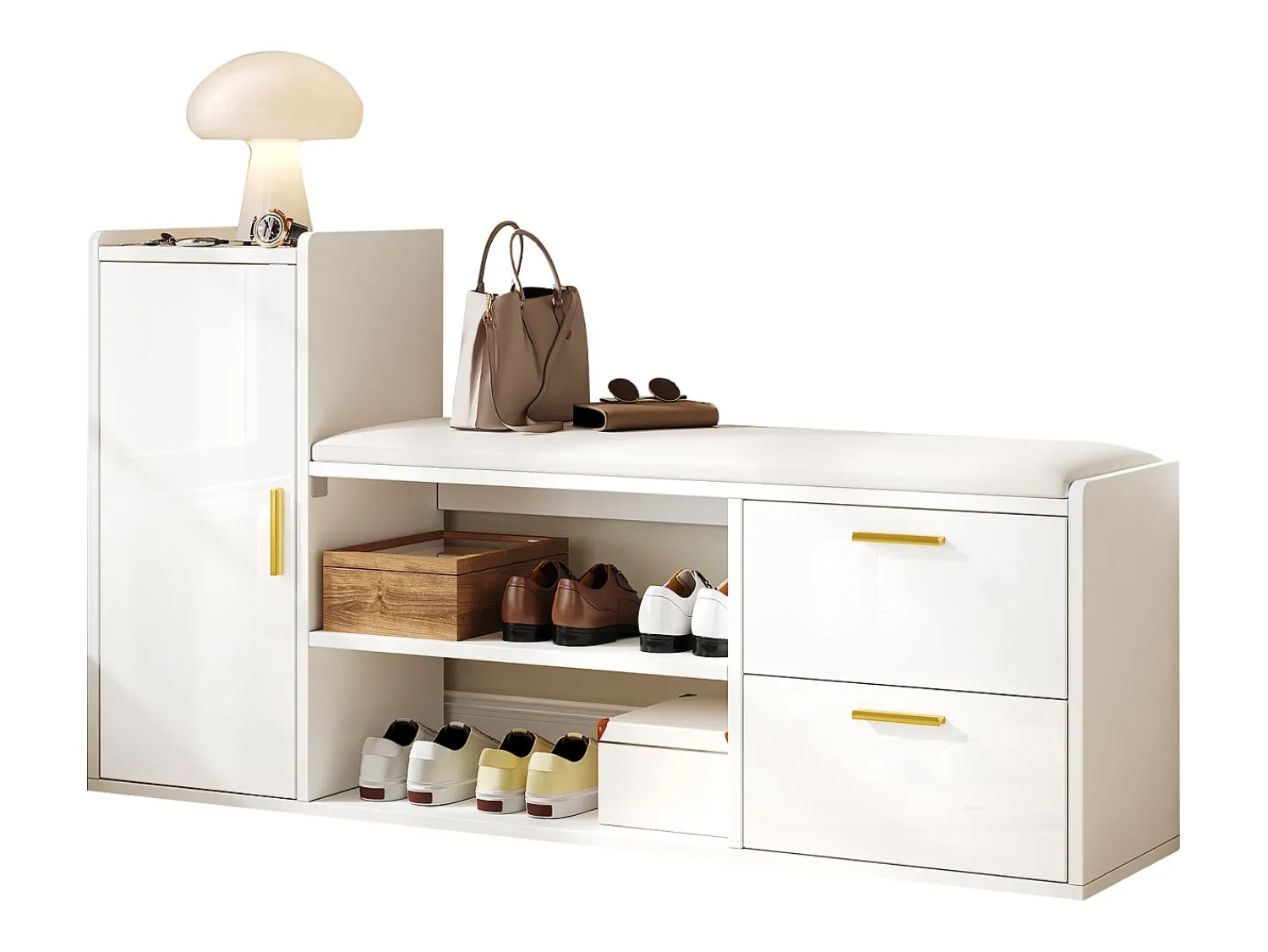 Móvel De Arrumação|Sapateira*ModernLuxe Móvel para sapatos 128x30x68 cm - com 2 gavetas e 1 porta - com banco para calçado - Acabamento brilhante - Branco