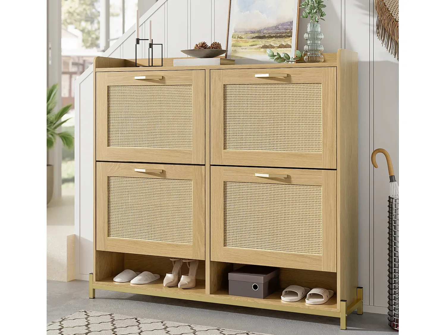 Móvel De Arrumação|Sapateira|ModernLuxe Móvel para sapatos 108.5x24x100 cm - com 4 portas de rattan - Estrutura de metal - MDF - Natural Natural claro