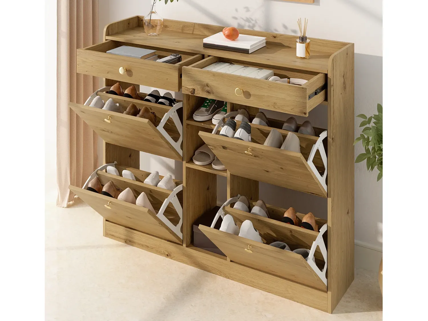 ModernLuxe Móvel para sapatos 110x26x100 cm - 4 portas basculantes, 2 gavetas e 3 prateleiras abertas - Painéis de partículas - Natural^ Móvel De Arrumação|Sapateira