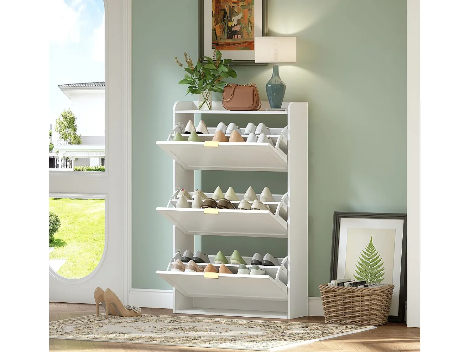 Móvel De Arrumação|Sapateira|ModernLuxe Móvel para sapatos 76x23x118cm - com 3 grandes portas de correr - Branco