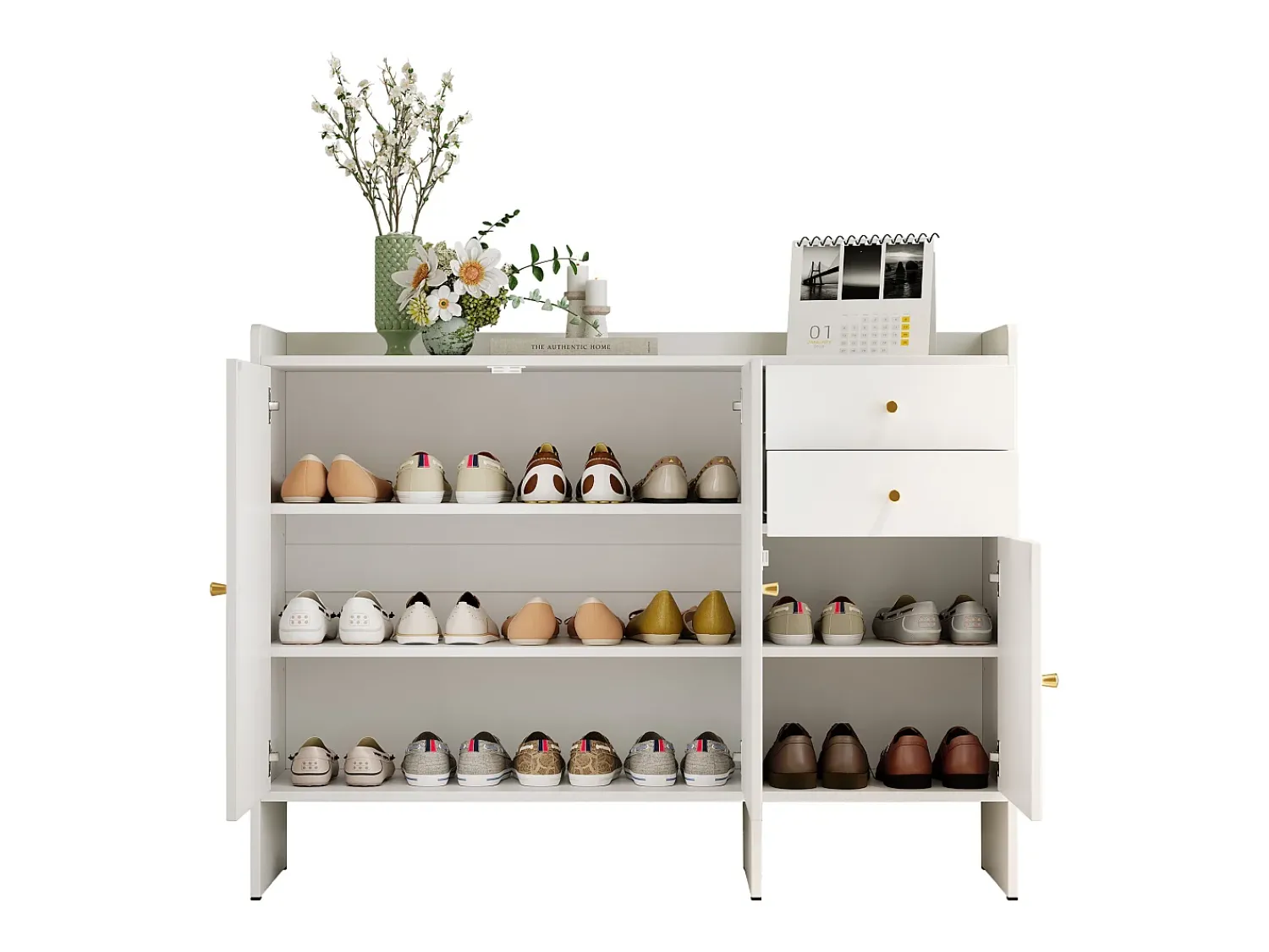 Discount ModernLuxe Móvel para sapatos 120x35x90cm - con 3 portas e 2 gavetas - puxador de metal - Branco