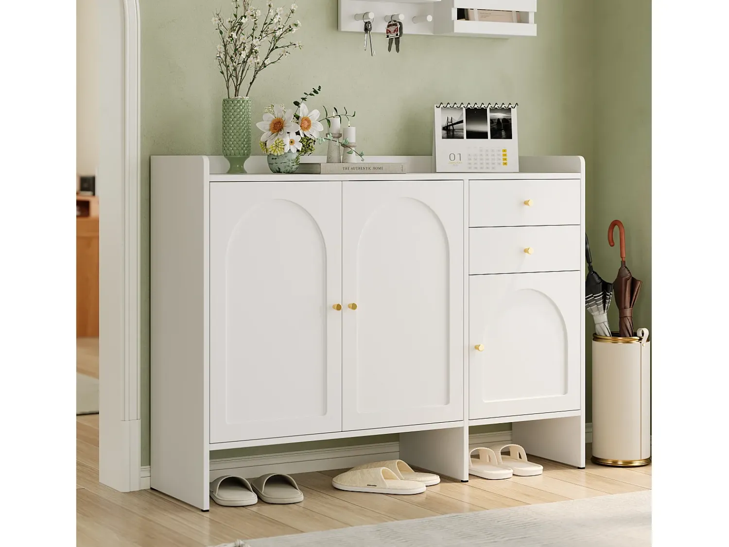 Discount ModernLuxe Móvel para sapatos 120x35x90cm - con 3 portas e 2 gavetas - puxador de metal - Branco
