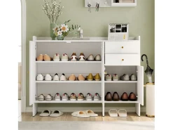 Discount ModernLuxe Móvel para sapatos 120x35x90cm - con 3 portas e 2 gavetas - puxador de metal - Branco