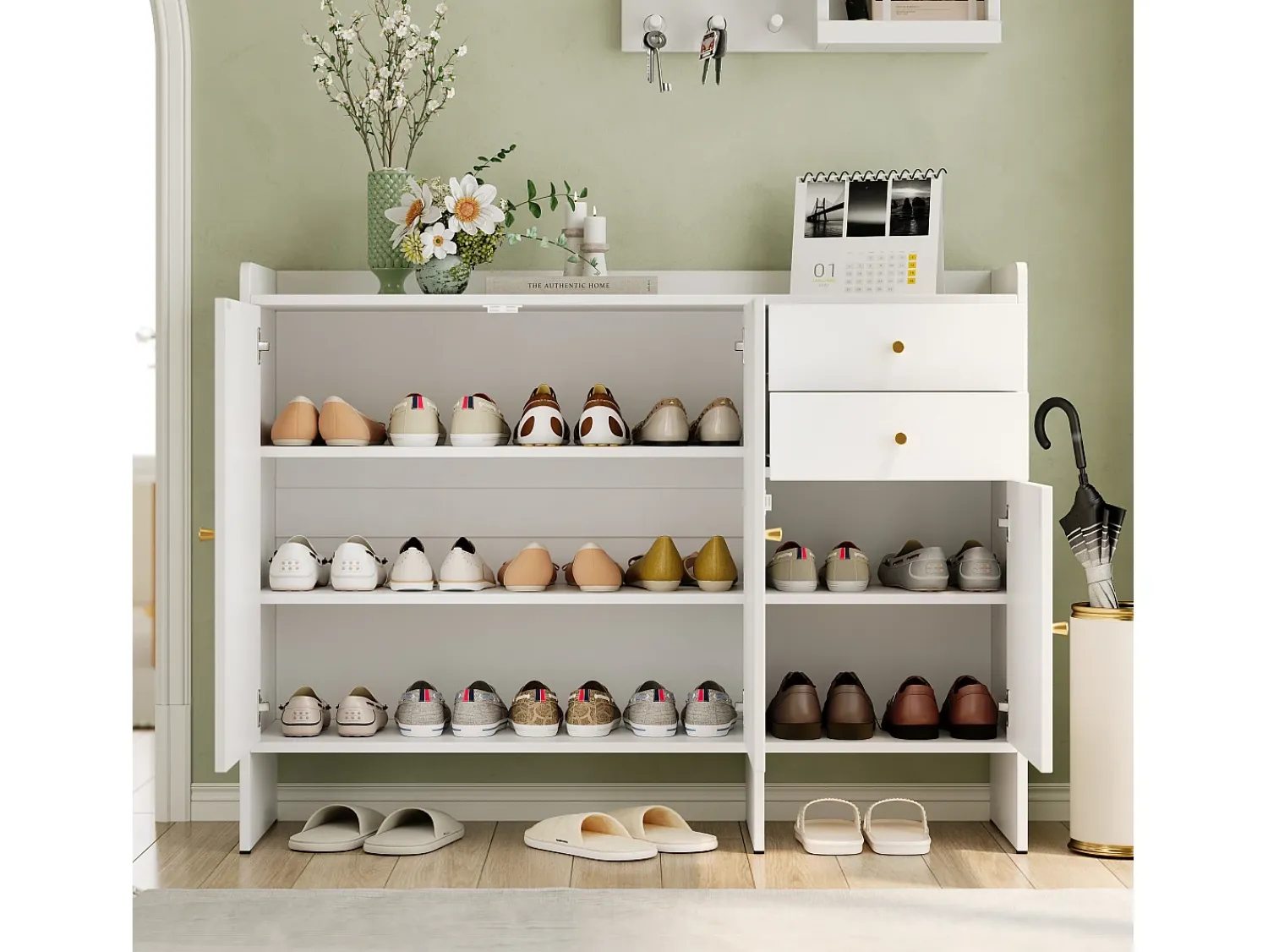 Discount ModernLuxe Móvel para sapatos 120x35x90cm - con 3 portas e 2 gavetas - puxador de metal - Branco