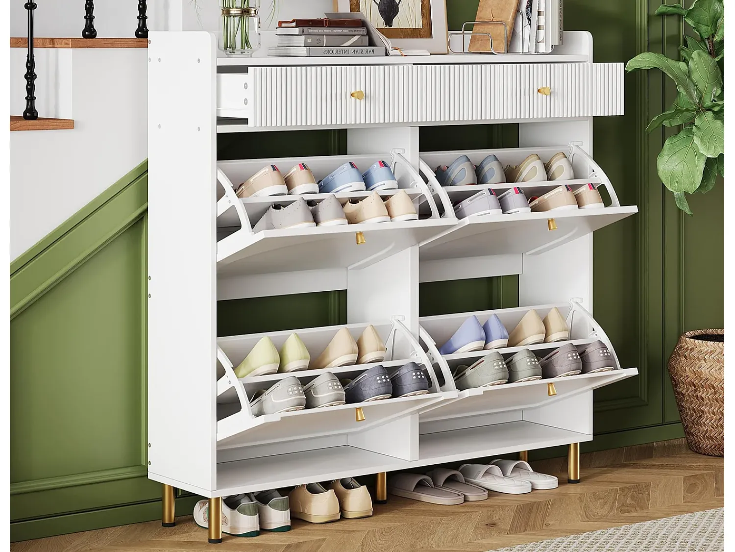 Móvel De Arrumação|Sapateira*ModernLuxe Móvel para sapatos 106.5x25x105.5cm - con 4 portas basculantes e 2 gavetas - Branco