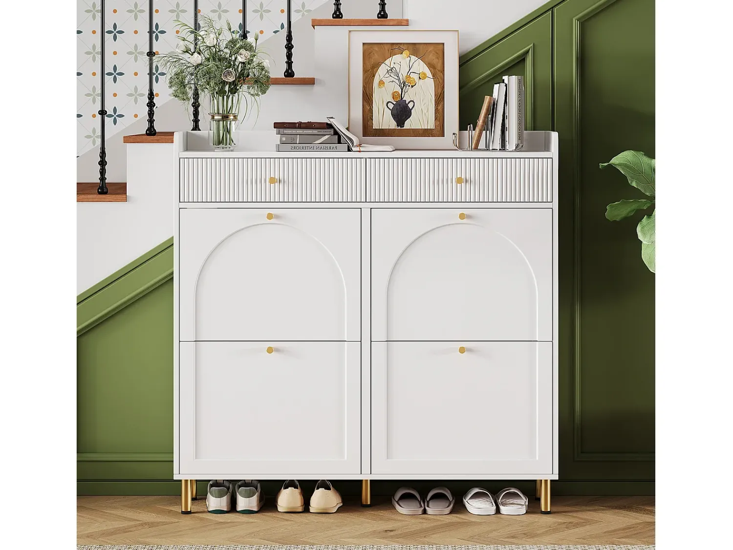 Móvel De Arrumação|Sapateira*ModernLuxe Móvel para sapatos 106.5x25x105.5cm - con 4 portas basculantes e 2 gavetas - Branco