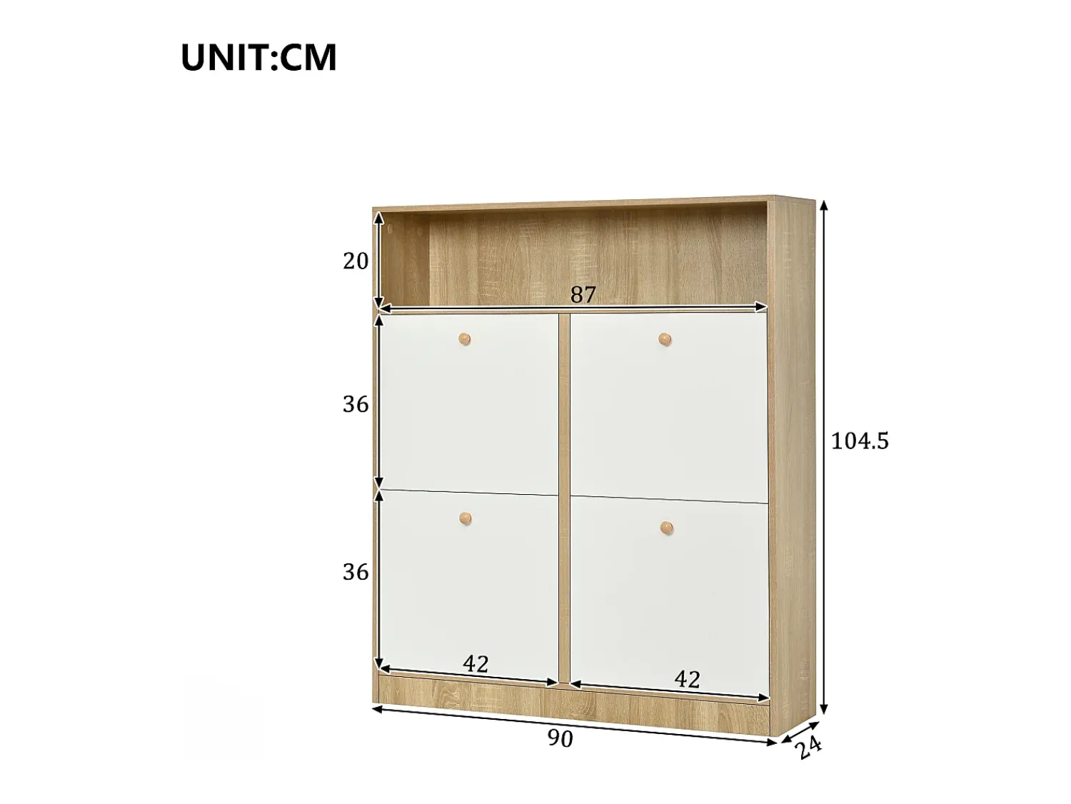 Móvel De Arrumação|Sapateira*ModernLuxe Móvel para sapatos 90x24x104,5cm - con 4 portas basculantes - con prateleiras abertas - Branco + Natural Natural claro / Branco