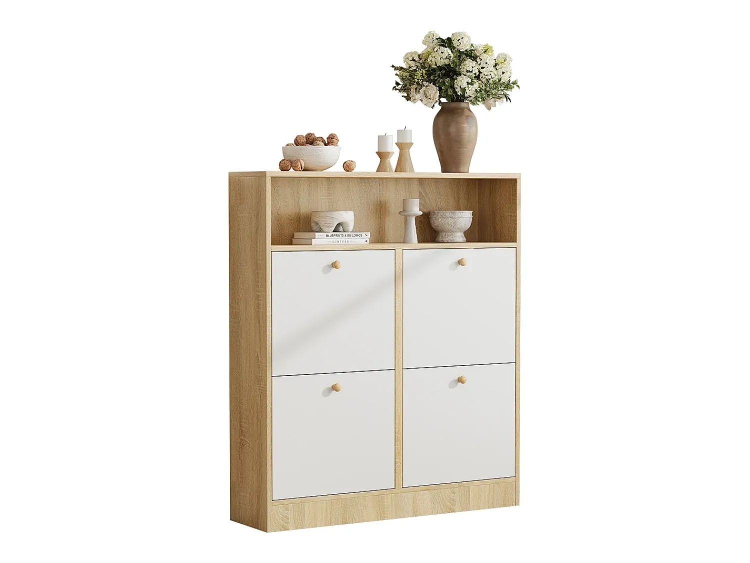 Móvel De Arrumação|Sapateira*ModernLuxe Móvel para sapatos 90x24x104,5cm - con 4 portas basculantes - con prateleiras abertas - Branco + Natural Natural claro / Branco