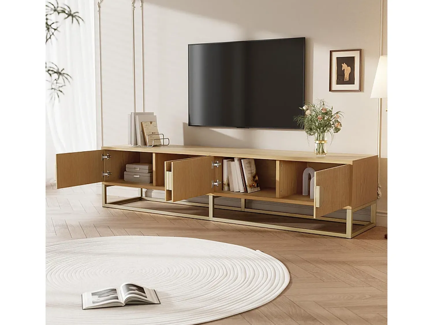 KOMHTOM Móvel para televisão em madeira de 180 cm - Móvel moderno para sala de jantar, 4 portas, puxadores semi-circulares^ Móvel De Tv