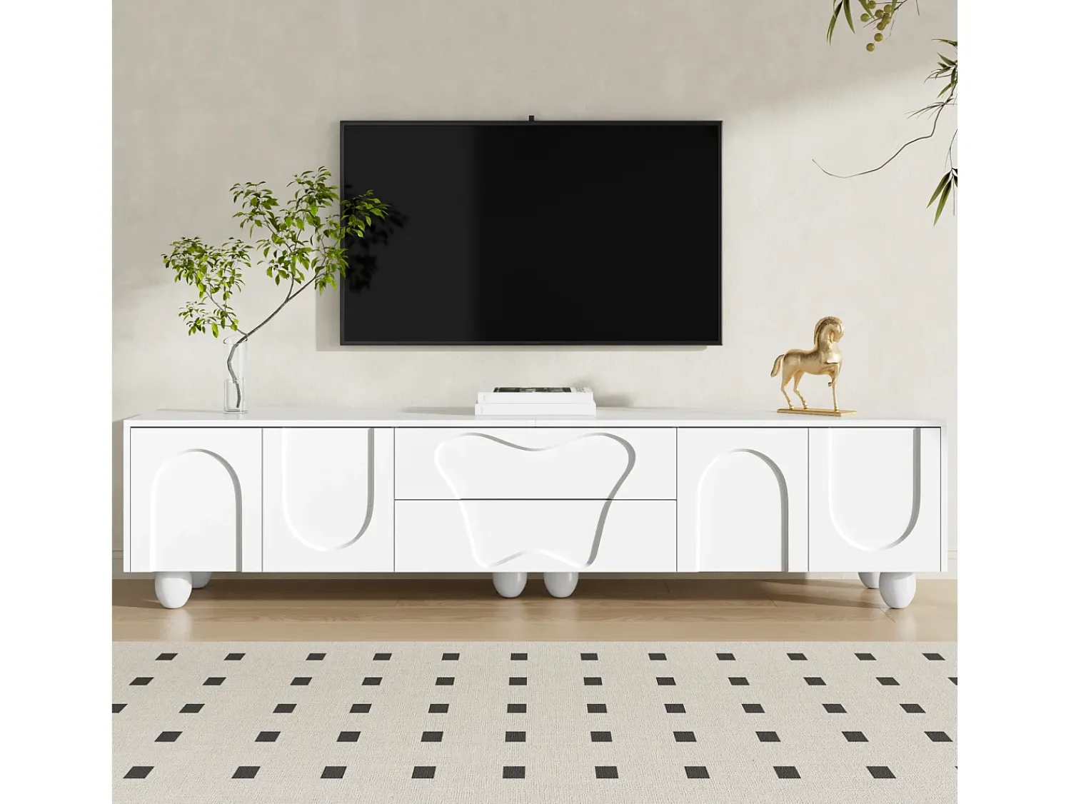 Móvel De Tv*ModernLuxe Móvel para TV 180×40×42 cm - 2 gavetas e 4 portas - pés em madeira maciça - painel de partículas - Branco