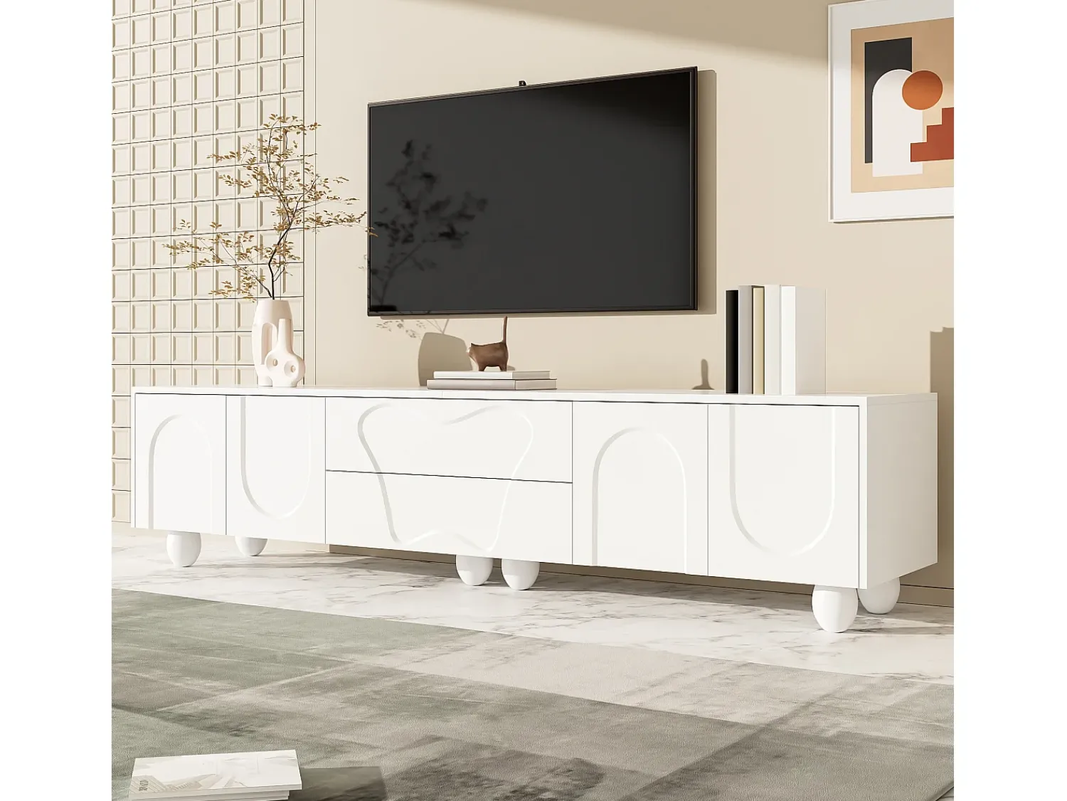 Móvel De Tv*ModernLuxe Móvel para TV 180×40×42 cm - 2 gavetas e 4 portas - pés em madeira maciça - painel de partículas - Branco