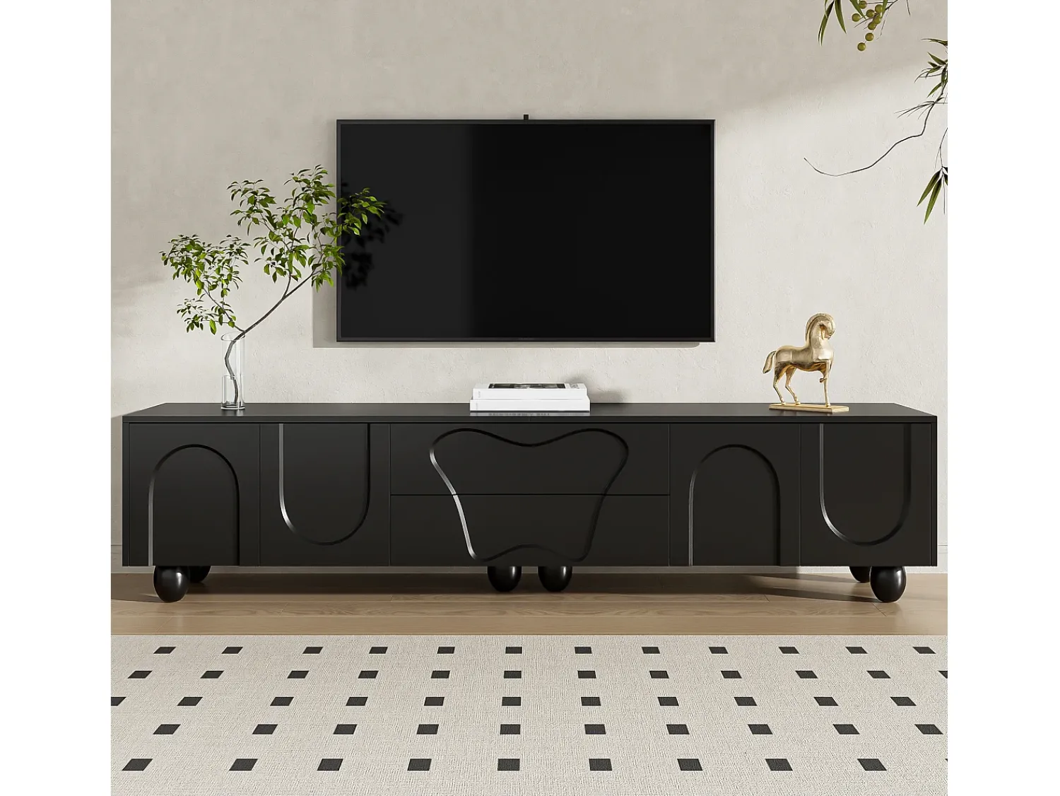 Móvel De Tv*ModernLuxe Móvel para TV 180×40×42 cm - 2 gavetas e 4 portas - pés em madeira maciça - painel de partículas - Preto