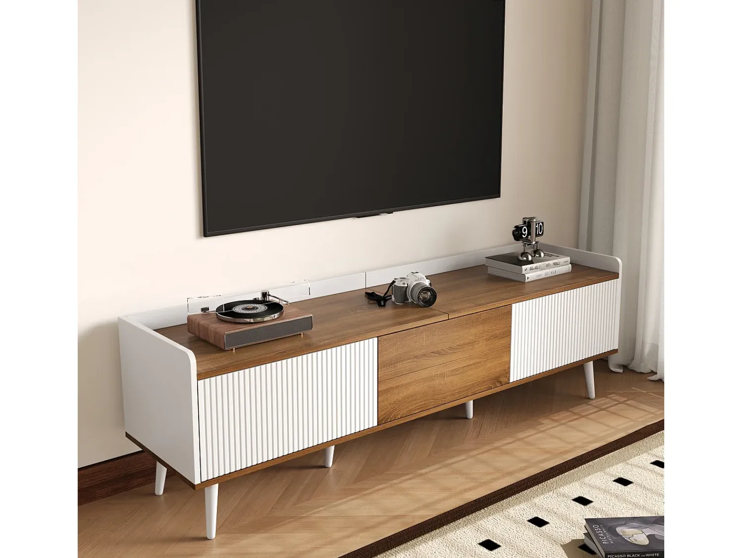 Móvel De Tv|ModernLuxe Móvel para TV 160×39×49,5 cm - 3 portas - Acabamento madeirado - MDF + Painel de partículas - Branco + Natural Natural claro / Branco