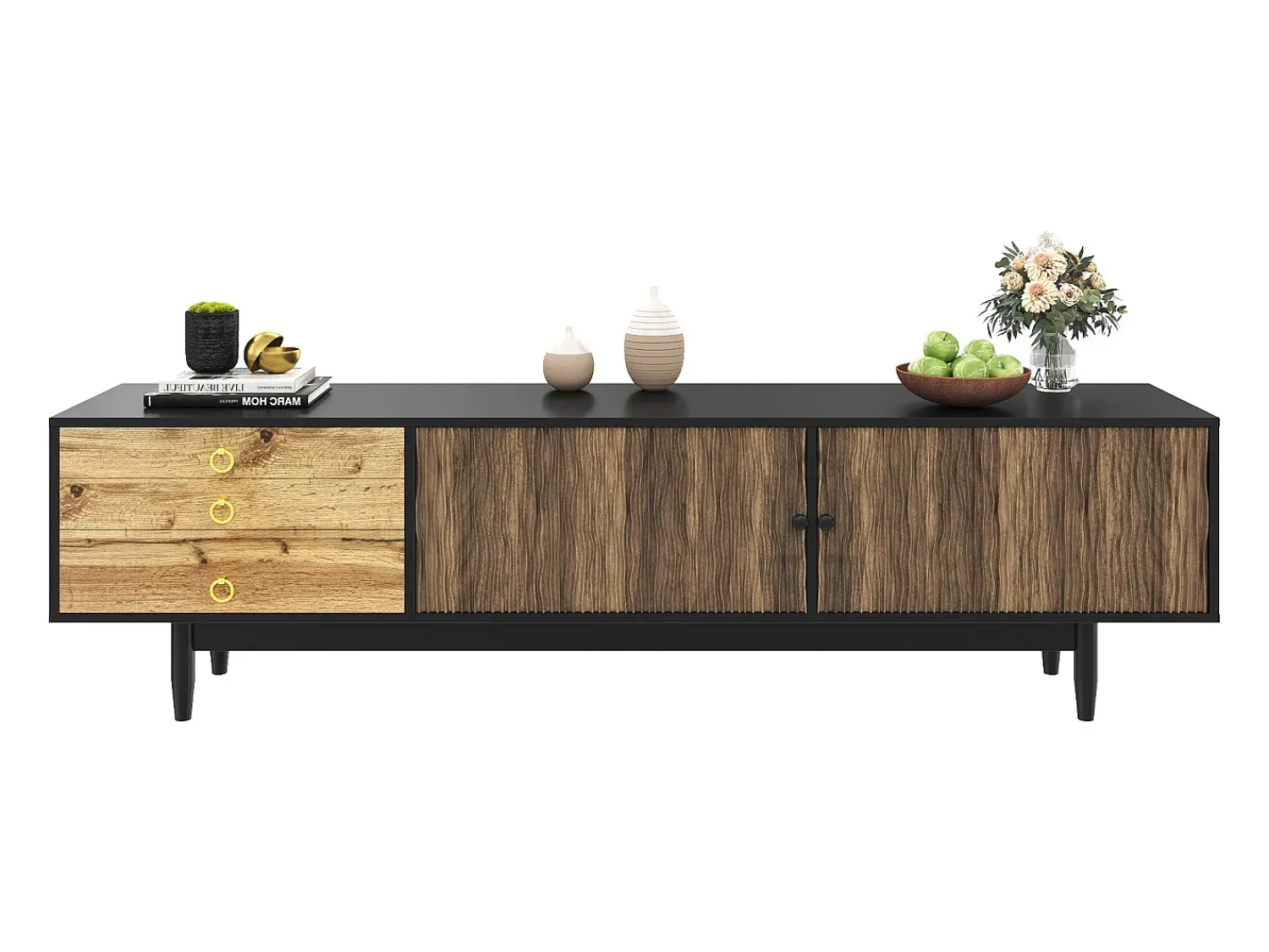 Móvel De Tv*ModernLuxe Móvel para TV 180×38×50 cm - 2 portas e 3 gavetas - MDF + painel de partículas - Preto + Natural Preto / Natural claro
