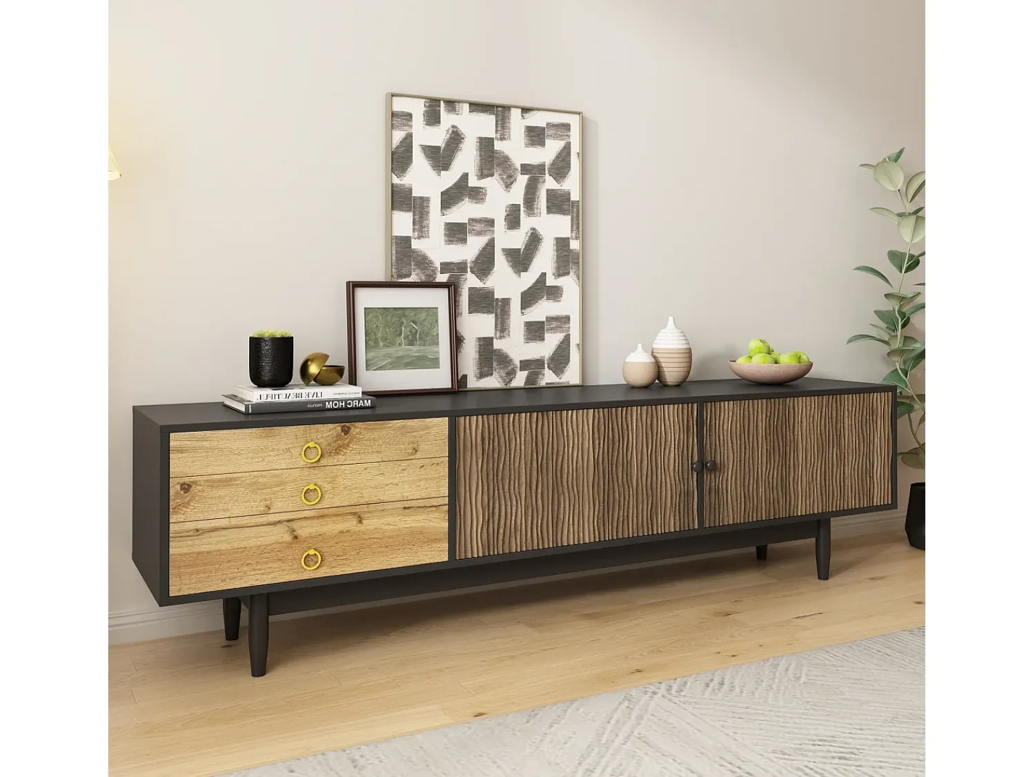 Móvel De Tv*ModernLuxe Móvel para TV 180×38×50 cm - 2 portas e 3 gavetas - MDF + painel de partículas - Preto + Natural Preto / Natural claro