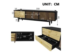 Móvel De Tv*ModernLuxe Móvel para TV 180×38×50 cm - 2 portas e 3 gavetas - MDF + painel de partículas - Preto + Natural Preto / Natural claro