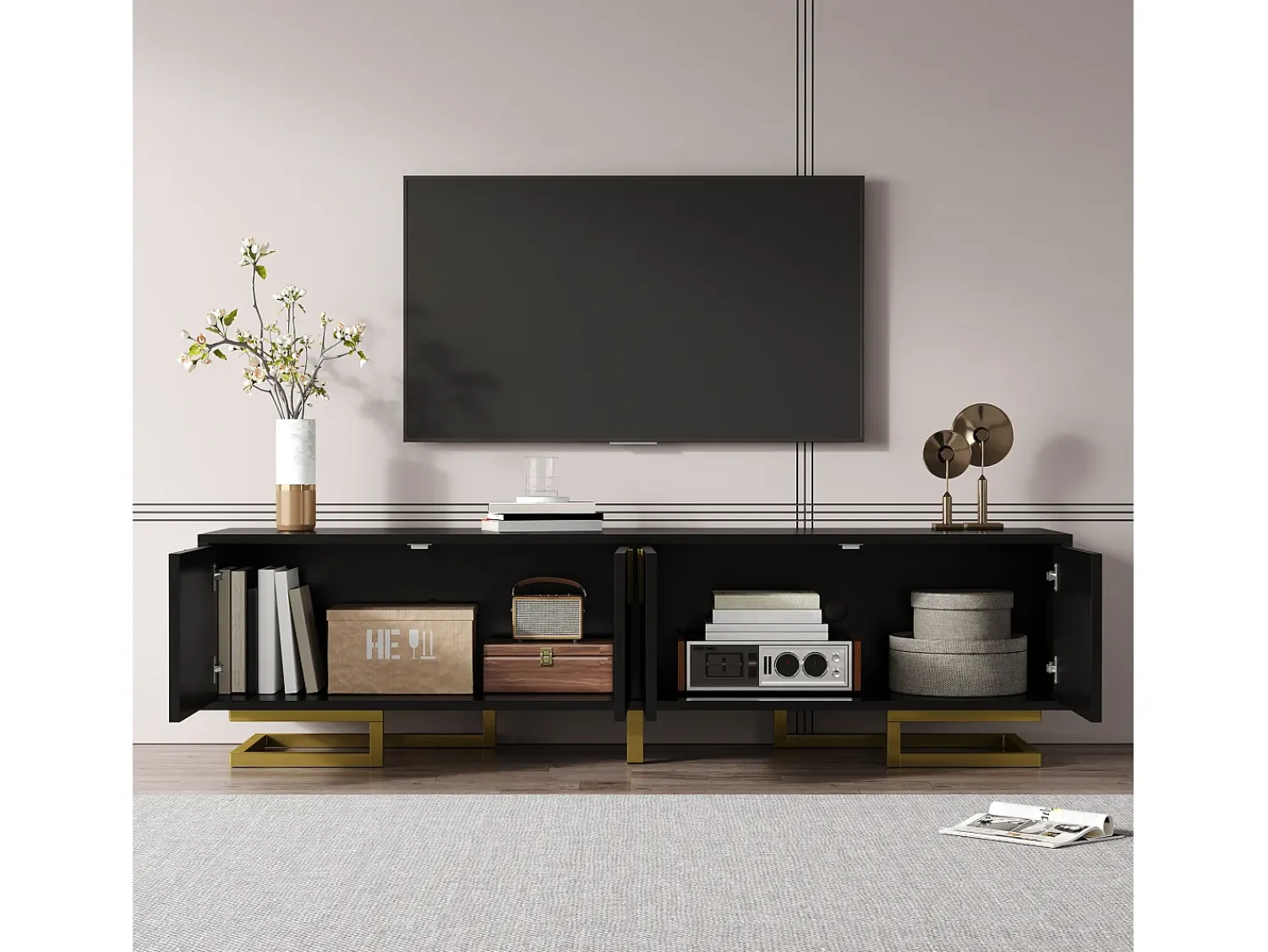 Móvel De Tv|ModernLuxe Móvel para TV 160×38×44,5 cm - 4 portas - Puxadores e pés dourados - Painel de partículas - Preto