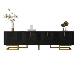 Móvel De Tv|ModernLuxe Móvel para TV 160×38×44,5 cm - 4 portas - Puxadores e pés dourados - Painel de partículas - Preto