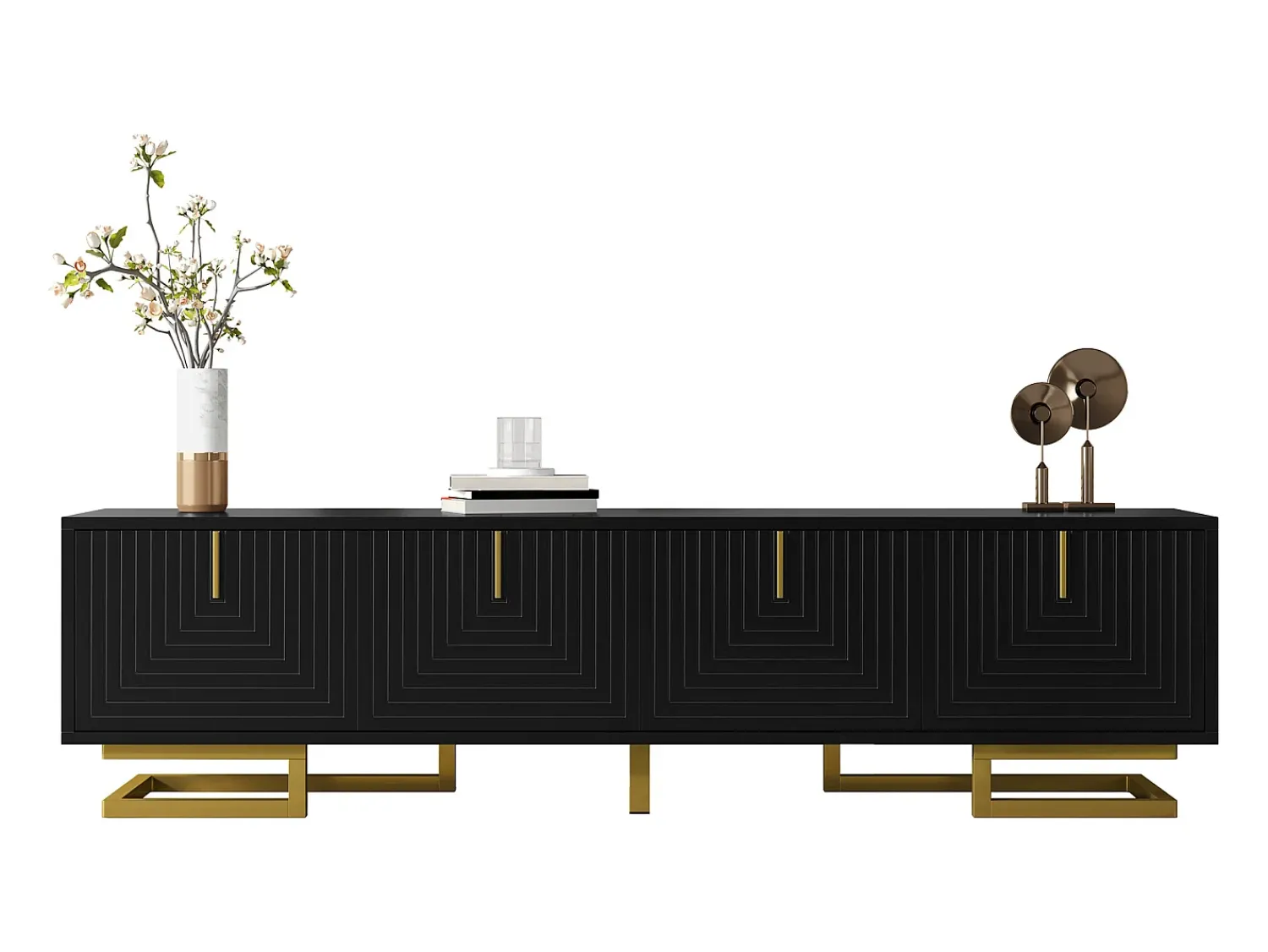 Móvel De Tv|ModernLuxe Móvel para TV 160×38×44,5 cm - 4 portas - Puxadores e pés dourados - Painel de partículas - Preto