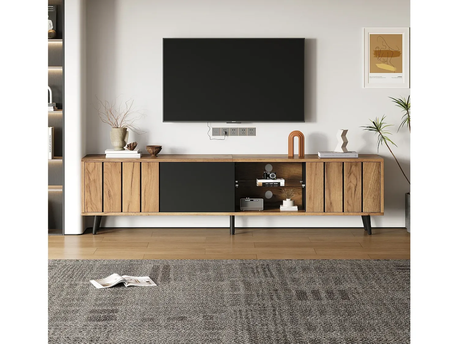 New ModernLuxe Móvel para TV 175×31,5×45 cm - 3 portas - Adequado para TV de 75 polegadas - natural + preto Natural claro