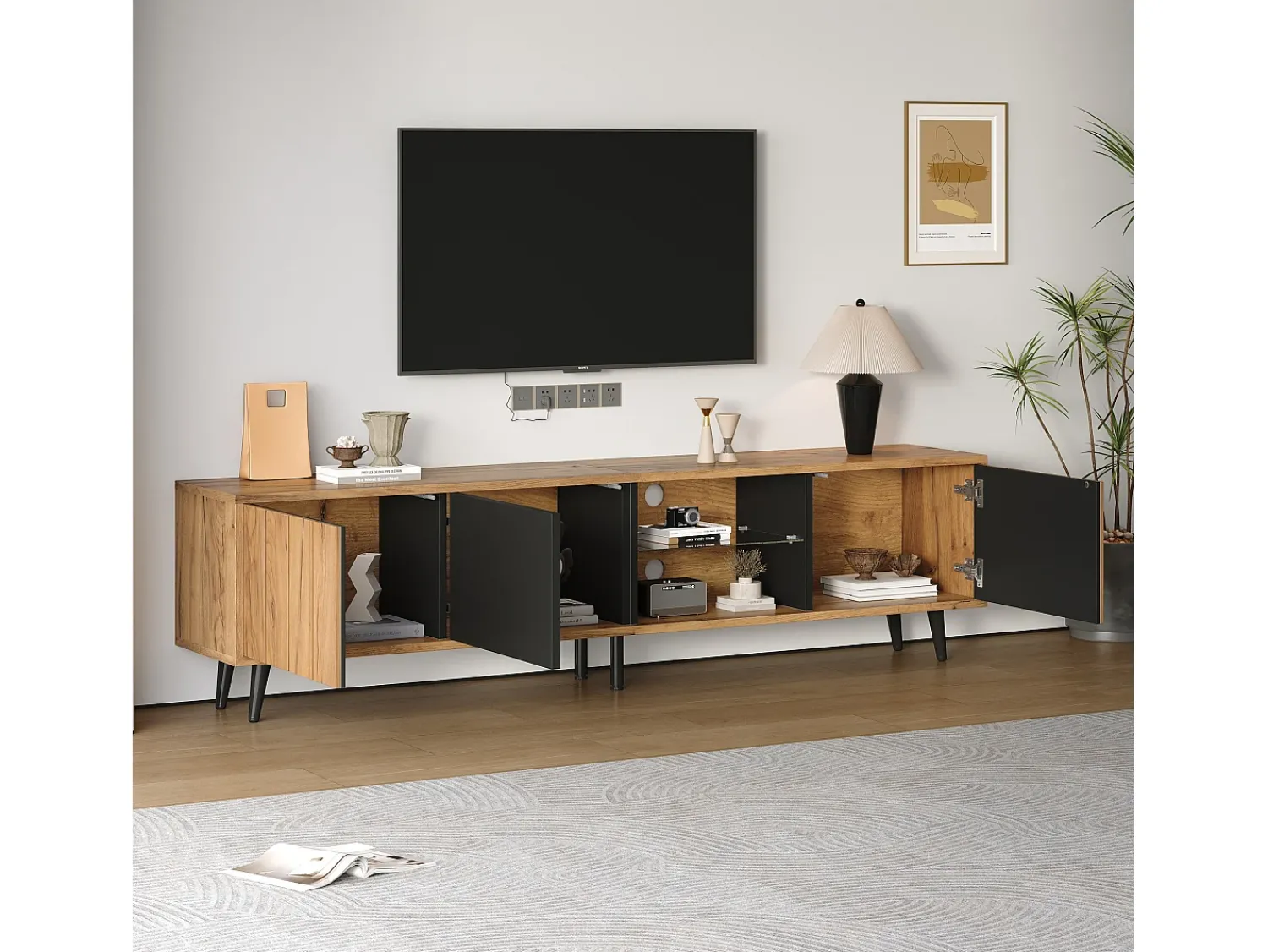 New ModernLuxe Móvel para TV 175×31,5×45 cm - 3 portas - Adequado para TV de 75 polegadas - natural + preto Natural claro