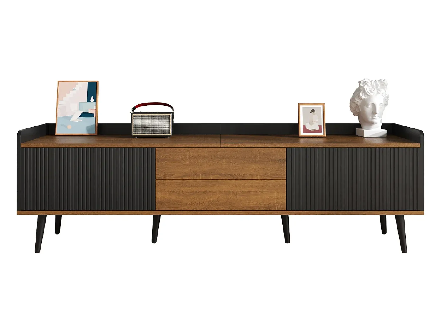 Móvel De Tv|ModernLuxe Móvel para TV 160×39×49,5 cm - com 3 portas - acabamento madeirado - pés de madeira maciça - MDF + painel de partículas - preto e natural Preto / Natural claro