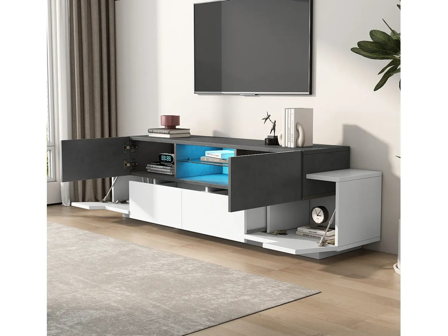 Móvel De Tv|ModernLuxe Móvel para TV 180×40×45 cm - com iluminação LED - com 2 gavetas e 4 portas - para TVs de 80/75/70/65/55 polegadas - branco/cinza Cinzento / Branco