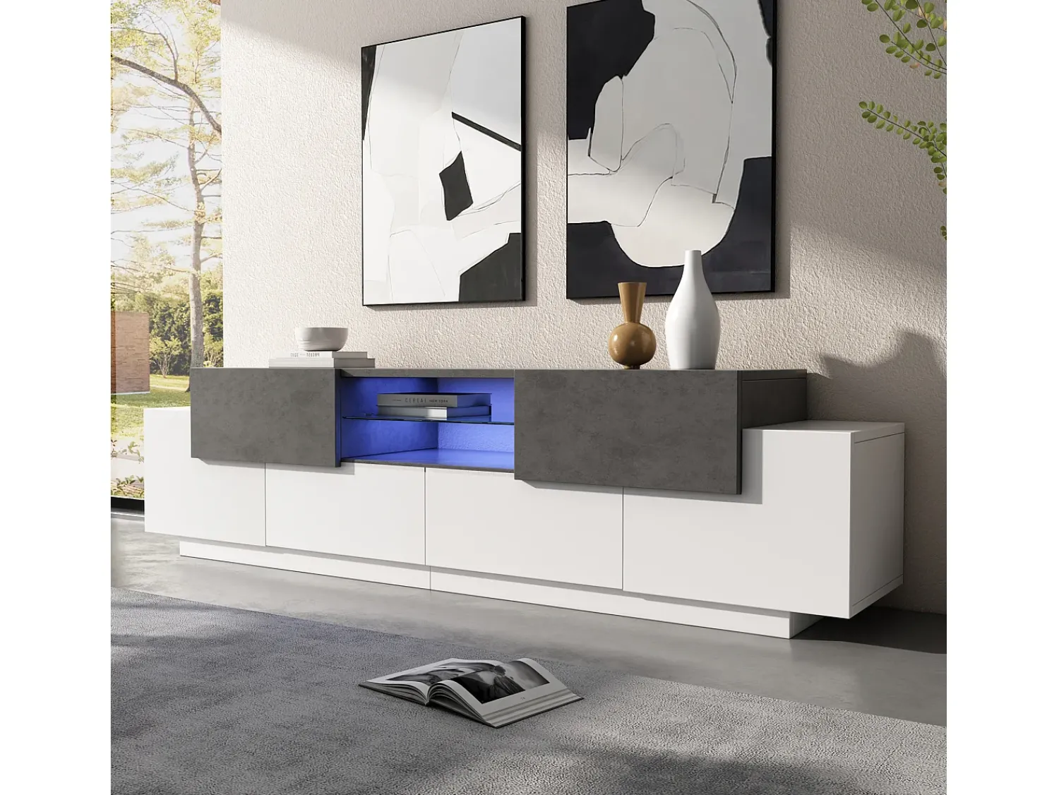 Móvel De Tv|ModernLuxe Móvel para TV 180×40×45 cm - com iluminação LED - com 2 gavetas e 4 portas - para TVs de 80/75/70/65/55 polegadas - branco/cinza Cinzento / Branco