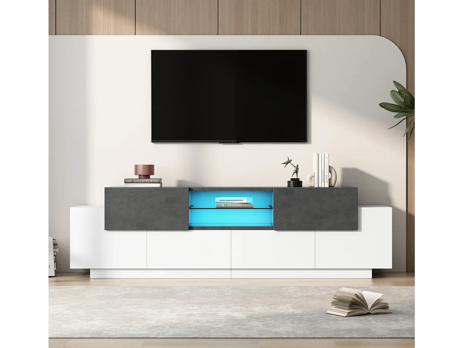 Móvel De Tv|ModernLuxe Móvel para TV 180×40×45 cm - com iluminação LED - com 2 gavetas e 4 portas - para TVs de 80/75/70/65/55 polegadas - branco/cinza Cinzento / Branco