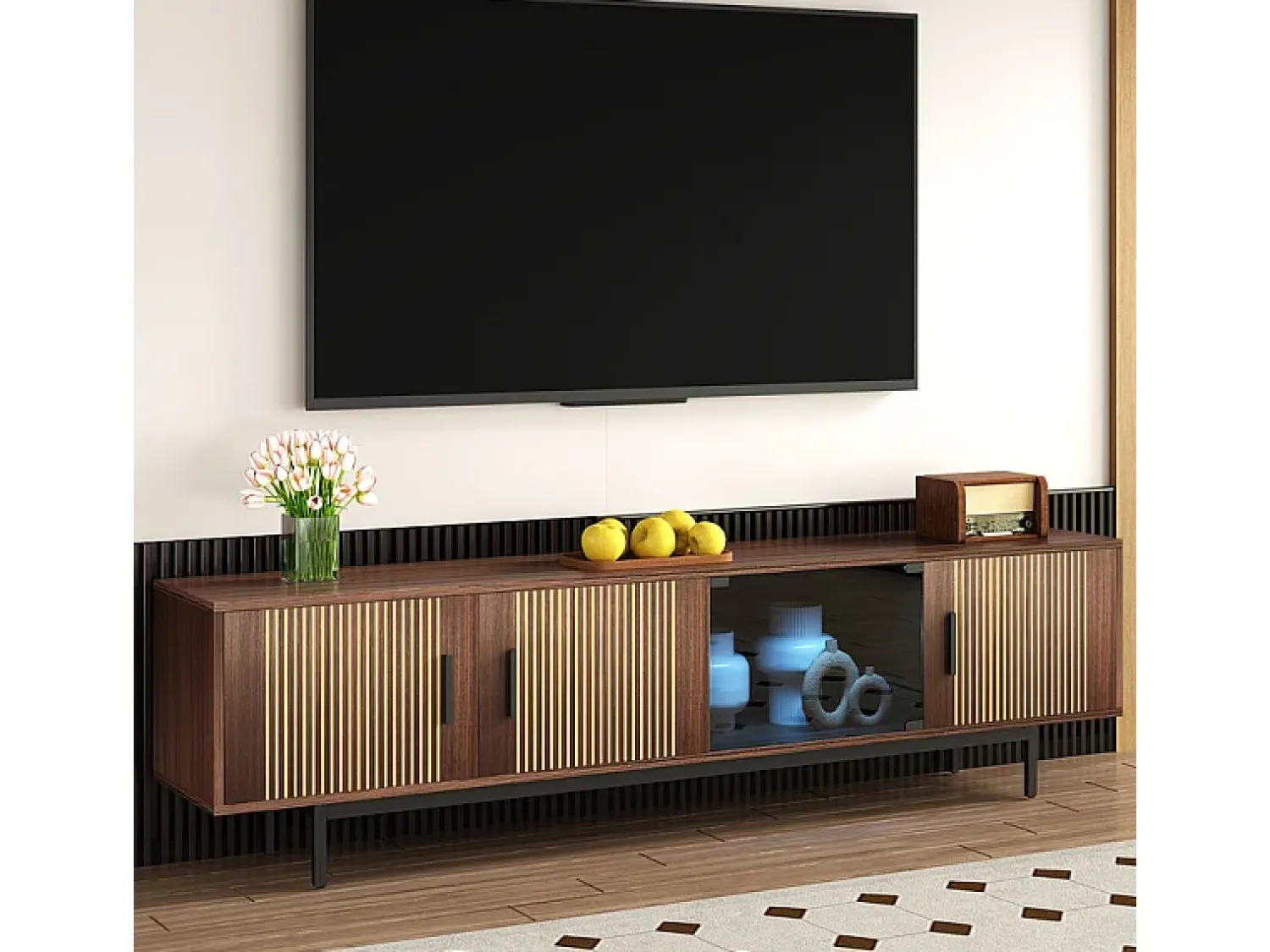 Online DripeX Móvel para TV 200 cm - com LED e porta de vidro - MDF e painel de partículas - Natural Natural escuro