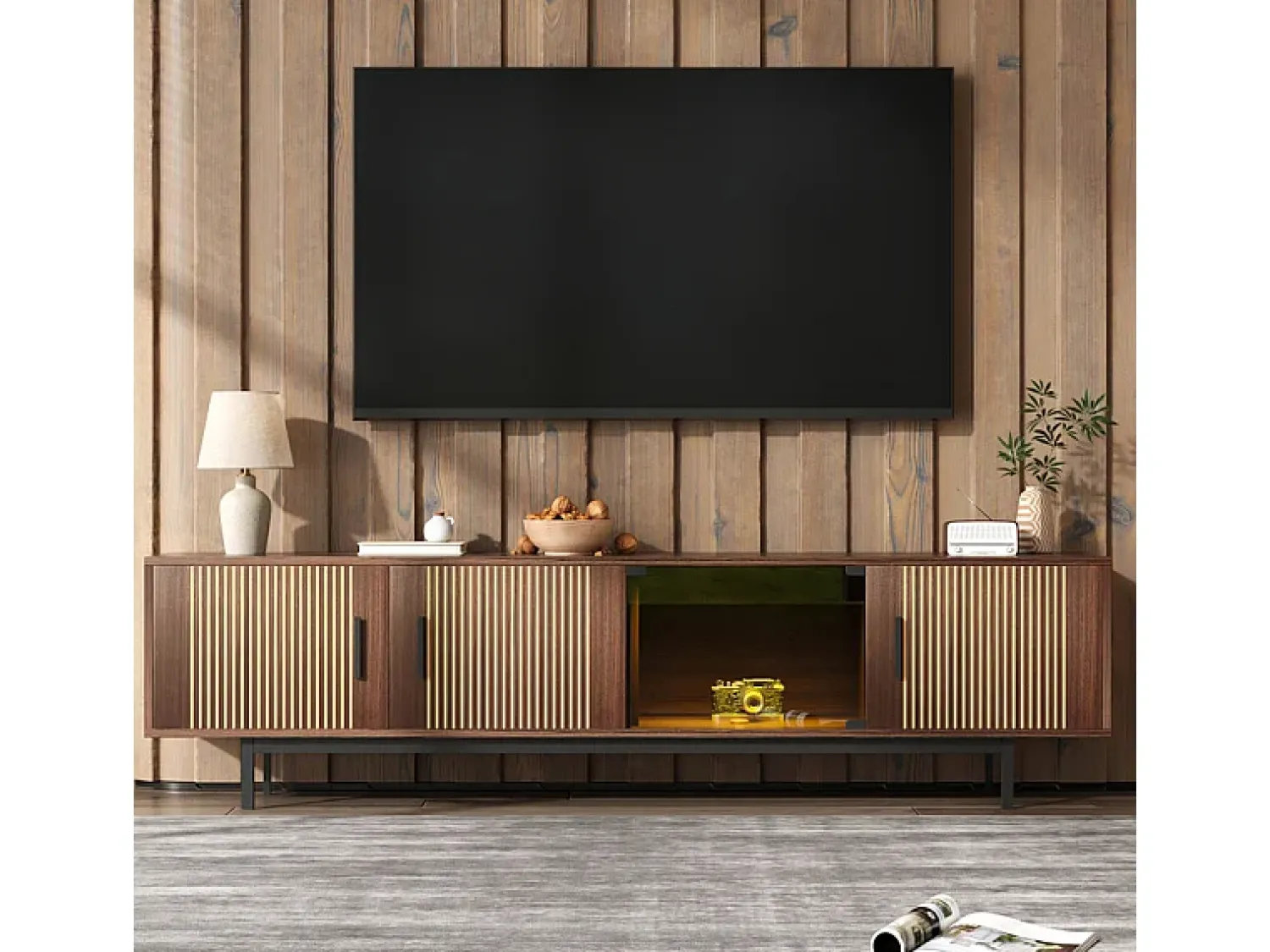 Online DripeX Móvel para TV 200 cm - com LED e porta de vidro - MDF e painel de partículas - Natural Natural escuro
