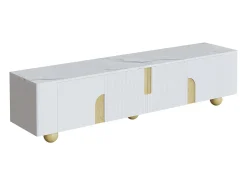 Móvel De Tv* Móvel para TV, 180 cm, 4 portas, design elegante, acabamento com efeito mármore, pés esféricos de madeira, Branco