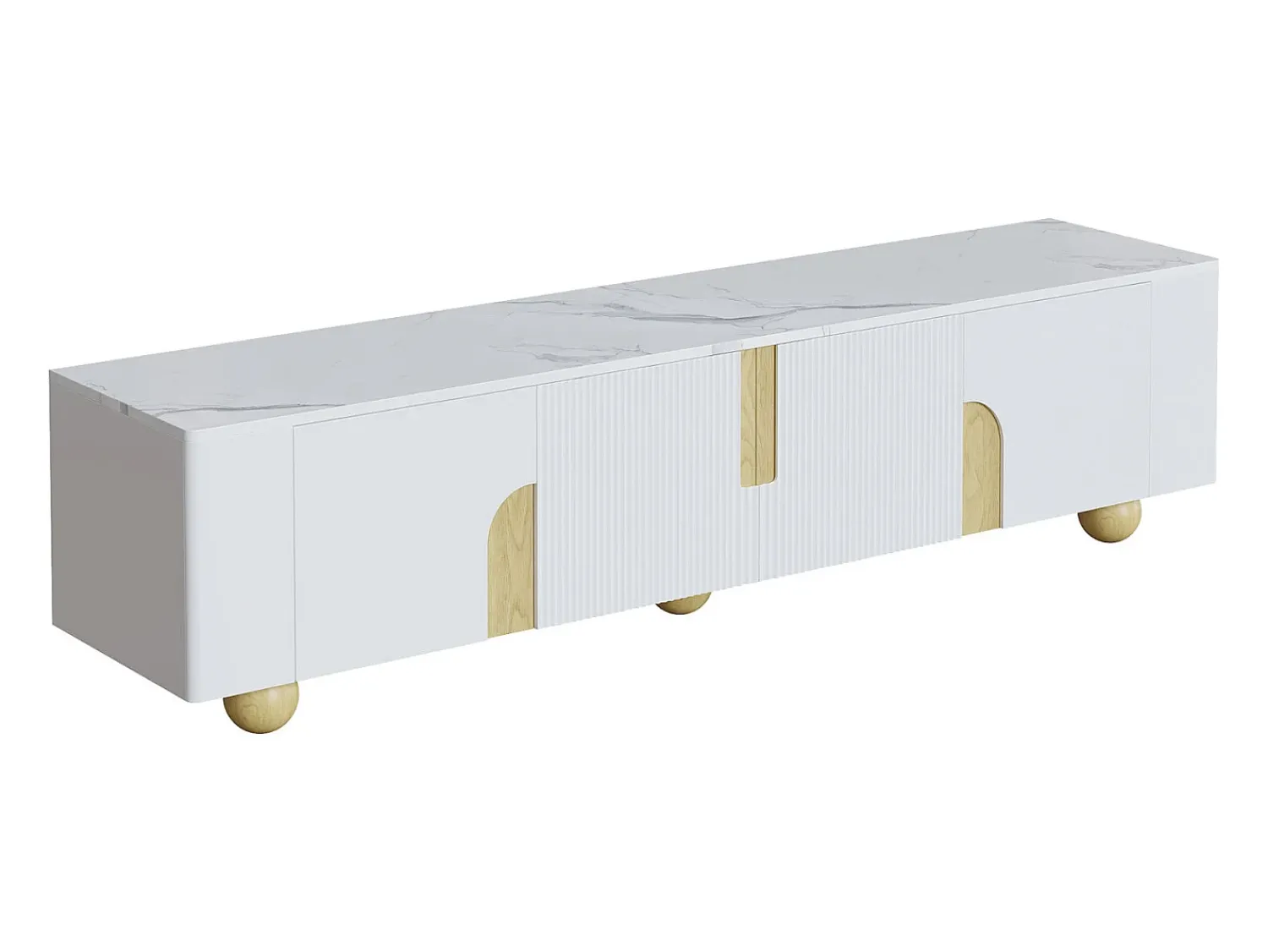 Móvel De Tv* Móvel para TV, 180 cm, 4 portas, design elegante, acabamento com efeito mármore, pés esféricos de madeira, Branco