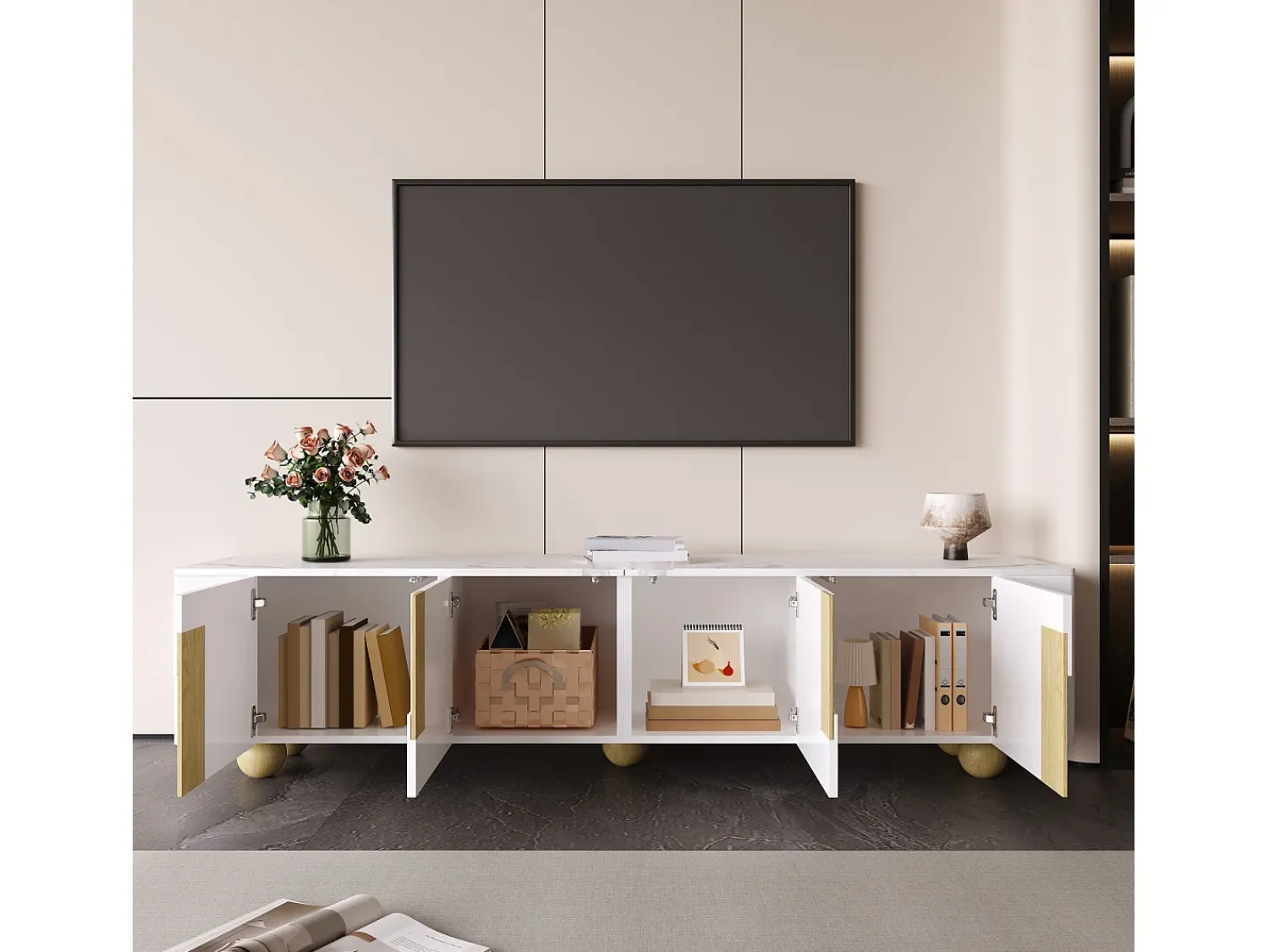 Móvel De Tv* Móvel para TV, 180 cm, 4 portas, design elegante, acabamento com efeito mármore, pés esféricos de madeira, Branco