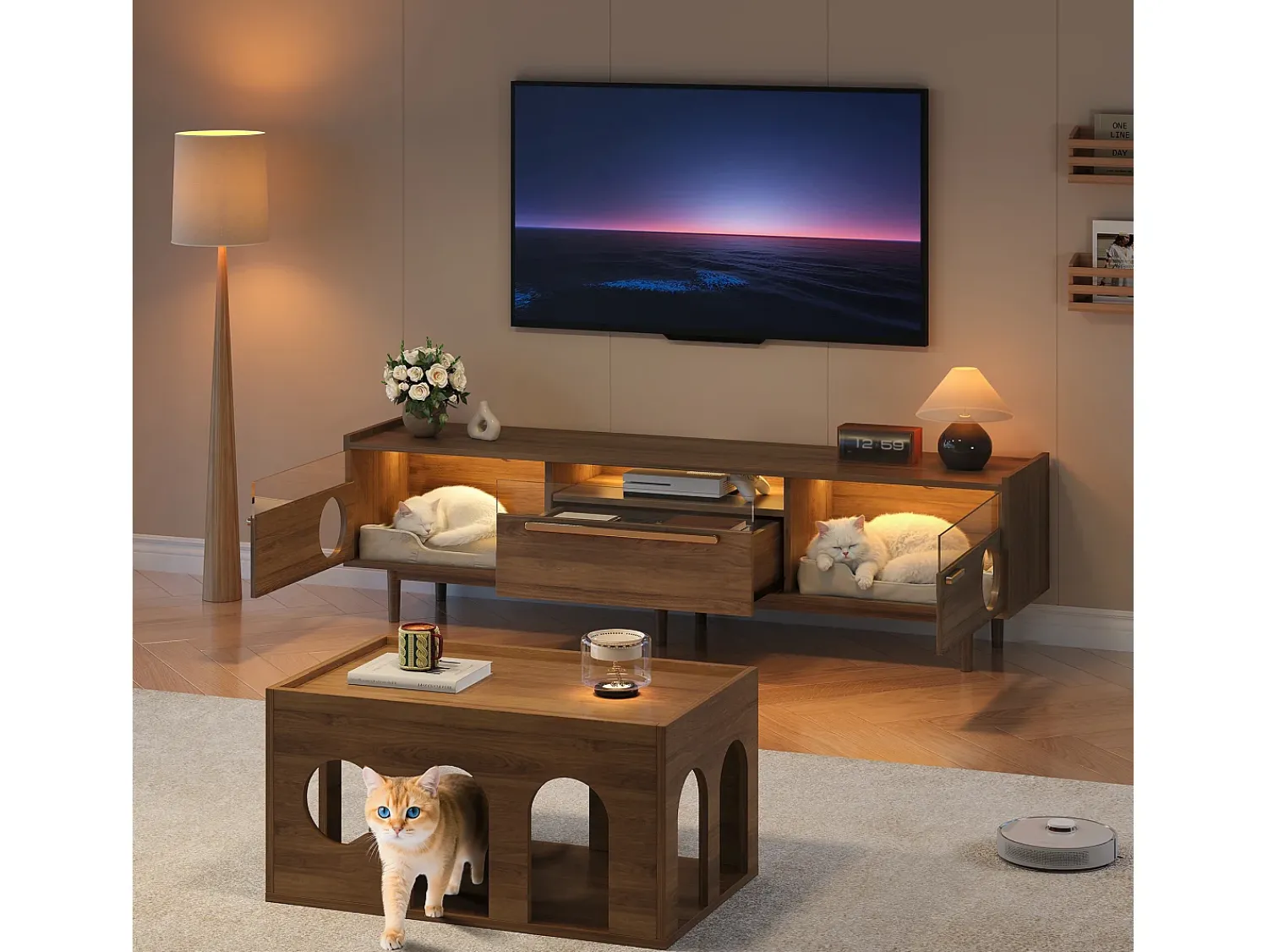 Móvel para TV 180×40×50 cm na cor nogueira, com iluminação LED, portas de vidro, gaveta e área de descanso para gatos, ideal para sala de estar.^ Móvel De Tv
