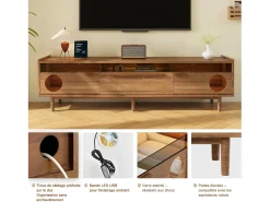 Móvel para TV 180×40×50 cm na cor nogueira, com iluminação LED, portas de vidro, gaveta e área de descanso para gatos, ideal para sala de estar.^ Móvel De Tv