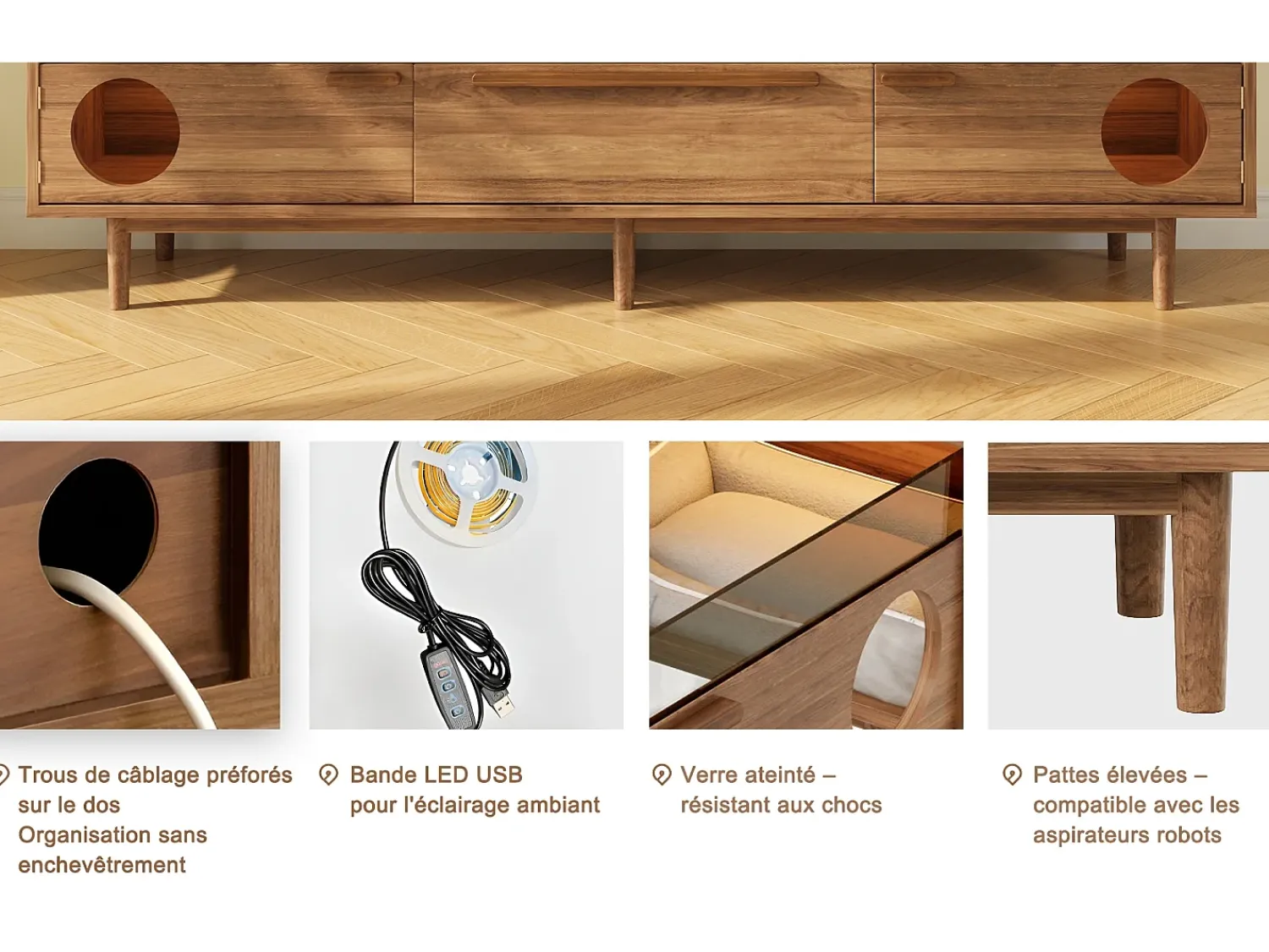 Móvel para TV 180×40×50 cm na cor nogueira, com iluminação LED, portas de vidro, gaveta e área de descanso para gatos, ideal para sala de estar.^ Móvel De Tv