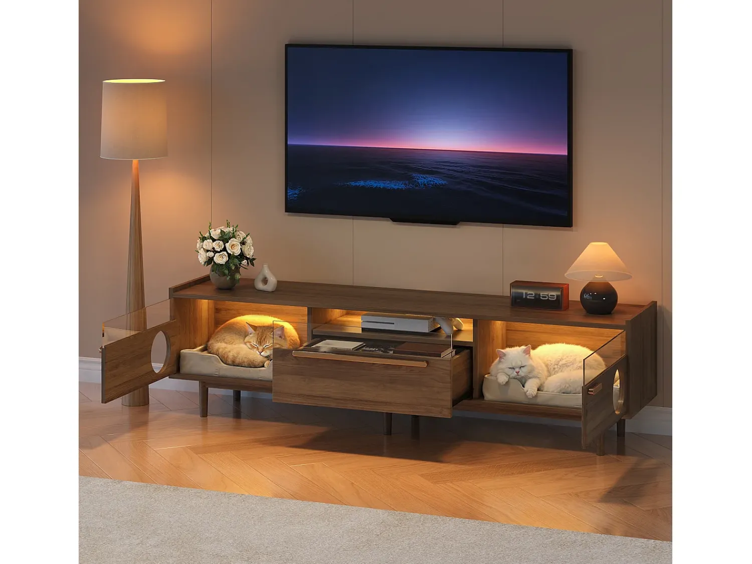 Móvel para TV 180×40×50 cm na cor nogueira, com iluminação LED, portas de vidro, gaveta e área de descanso para gatos, ideal para sala de estar.^ Móvel De Tv