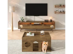 Móvel para TV 180×40×50 cm na cor nogueira, com iluminação LED, portas de vidro, gaveta e área de descanso para gatos, ideal para sala de estar.^ Móvel De Tv