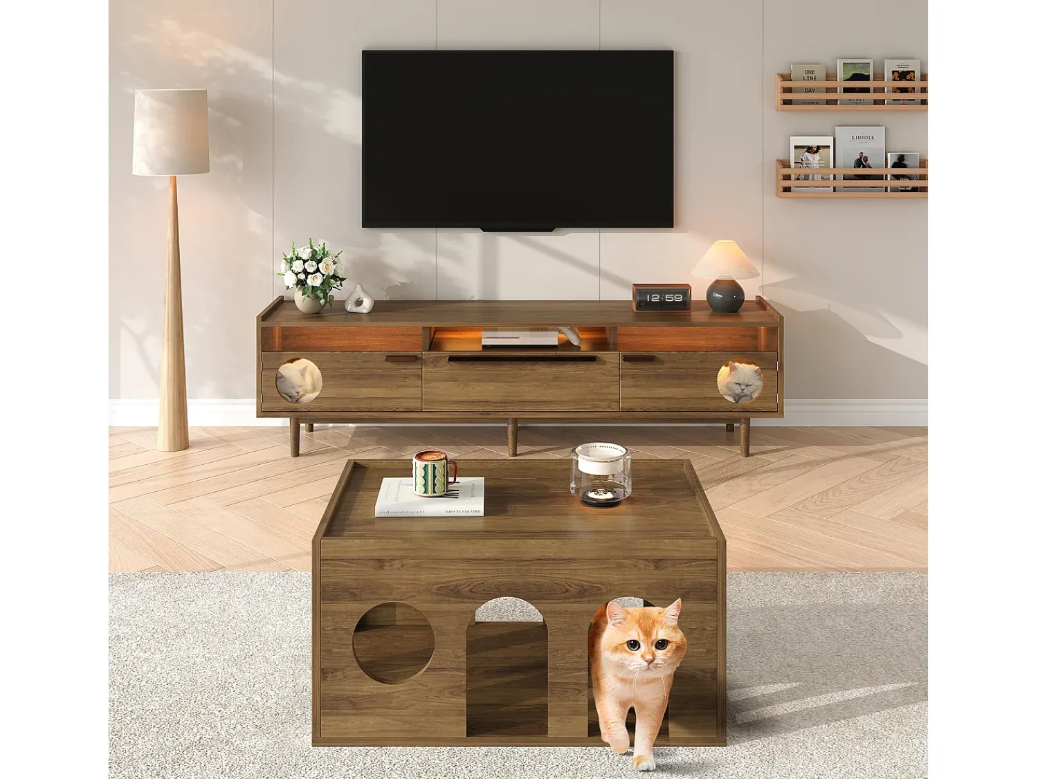 Móvel para TV 180×40×50 cm na cor nogueira, com iluminação LED, portas de vidro, gaveta e área de descanso para gatos, ideal para sala de estar.^ Móvel De Tv