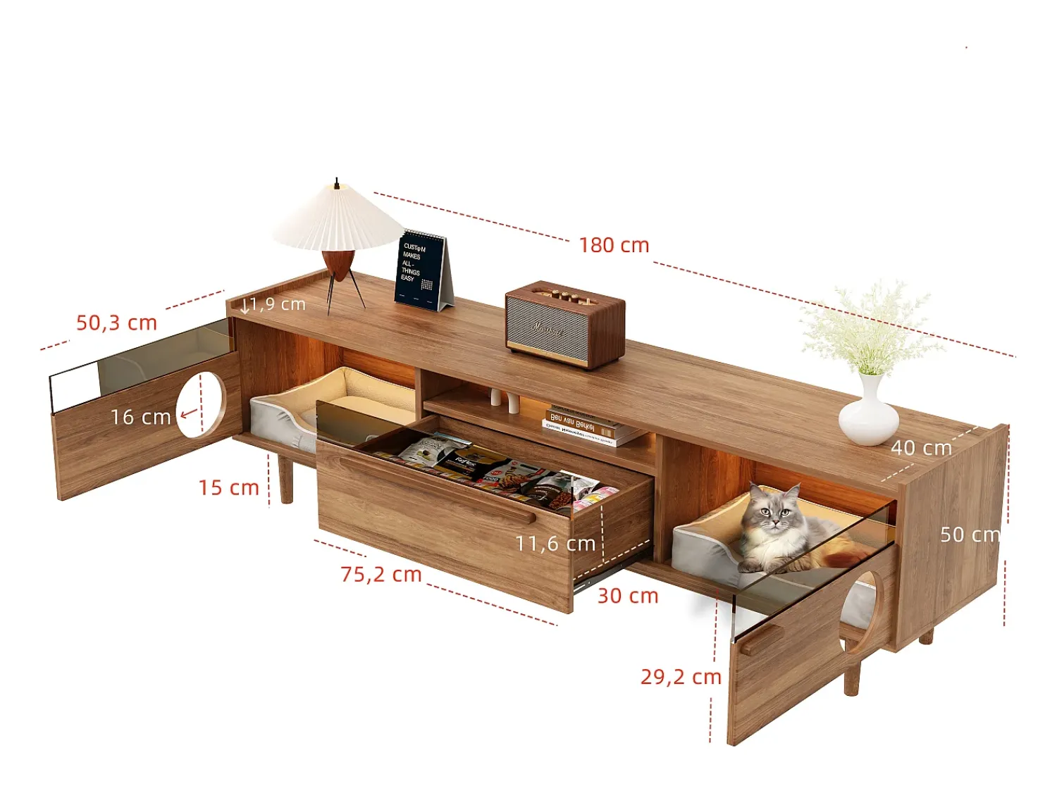 Móvel para TV 180×40×50 cm na cor nogueira, com iluminação LED, portas de vidro, gaveta e área de descanso para gatos, ideal para sala de estar.^ Móvel De Tv