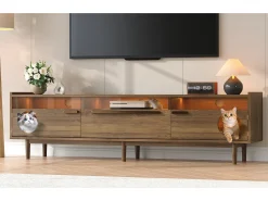 Móvel para TV 180×40×50 cm na cor nogueira, com iluminação LED, portas de vidro, gaveta e área de descanso para gatos, ideal para sala de estar.^ Móvel De Tv