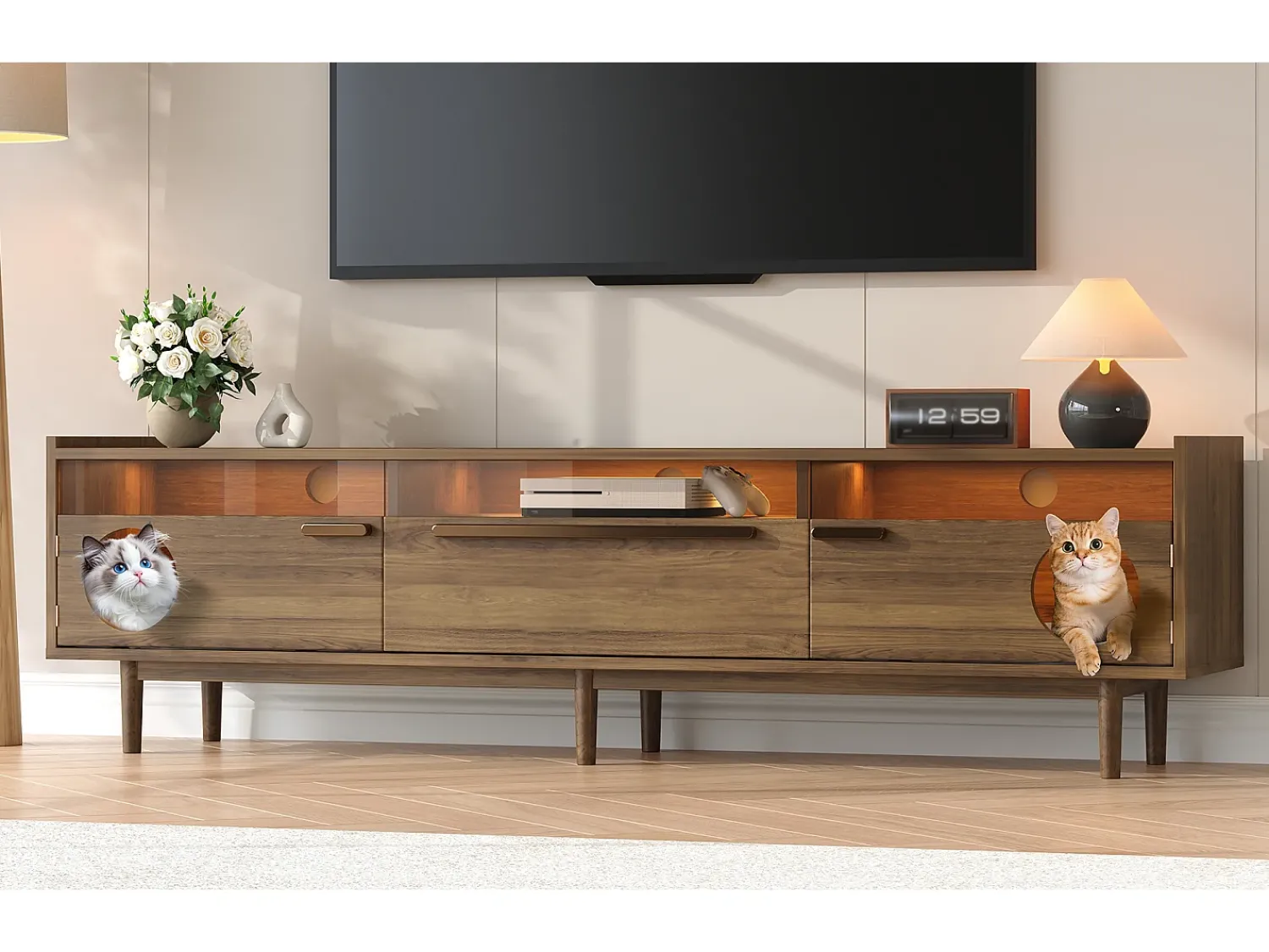 Móvel para TV 180×40×50 cm na cor nogueira, com iluminação LED, portas de vidro, gaveta e área de descanso para gatos, ideal para sala de estar.^ Móvel De Tv