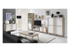 Meublorama Móvel para TV - HIFI estilo escandinavo coleção MALMO. Cor Carvalho Sonoma e branco fosco.^ Móvel De Tv