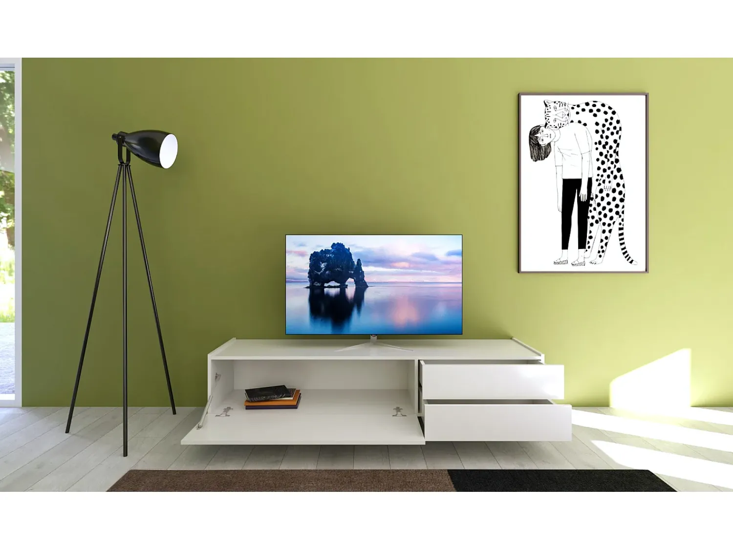 Clearance ITAMOBY Móvel para TV 1 porta abatible e 2 gavetas 160x42x40 cm Solaria brilhante Branco