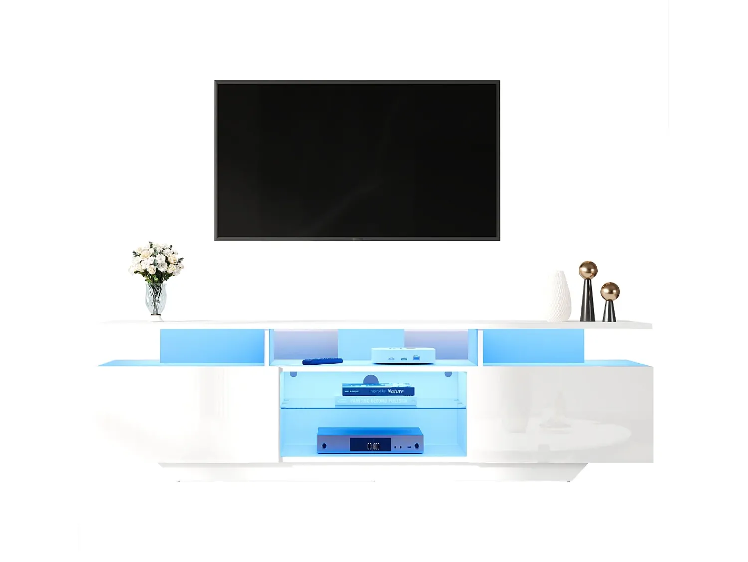 Móvel De Tv*ModernLuxe Móvel para TV alto brilho 160x40x45cm - com 2 portas e 8 prateleiras - com iluminação LED - MDF - Branco