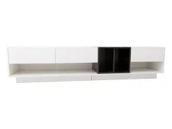 Best Móvel para TV, aparador baixo, combinação em brilhante e preto. Design em blocos de cores, gavetas, compartimentos, múltiplos espaços de armazenamento. Branco