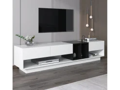 Best Móvel para TV, aparador baixo, combinação em brilhante e preto. Design em blocos de cores, gavetas, compartimentos, múltiplos espaços de armazenamento. Branco